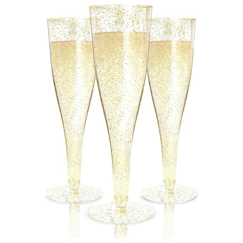 Prestee 100 Gold Plastic Champagne Flutes - 4.5 oz Disposable Champagne Glasses for Toasting at Weddings, Mimosas, Cocktails, Great Gatsby Party Decorations, and Events - Image 1